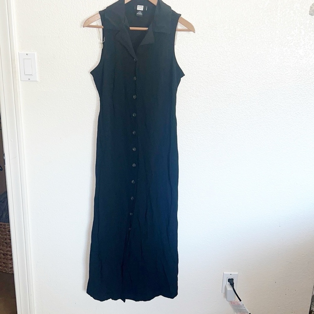 Studio1940 Black Collared Button Down Maxi Dress With Attached Belt To Tighten